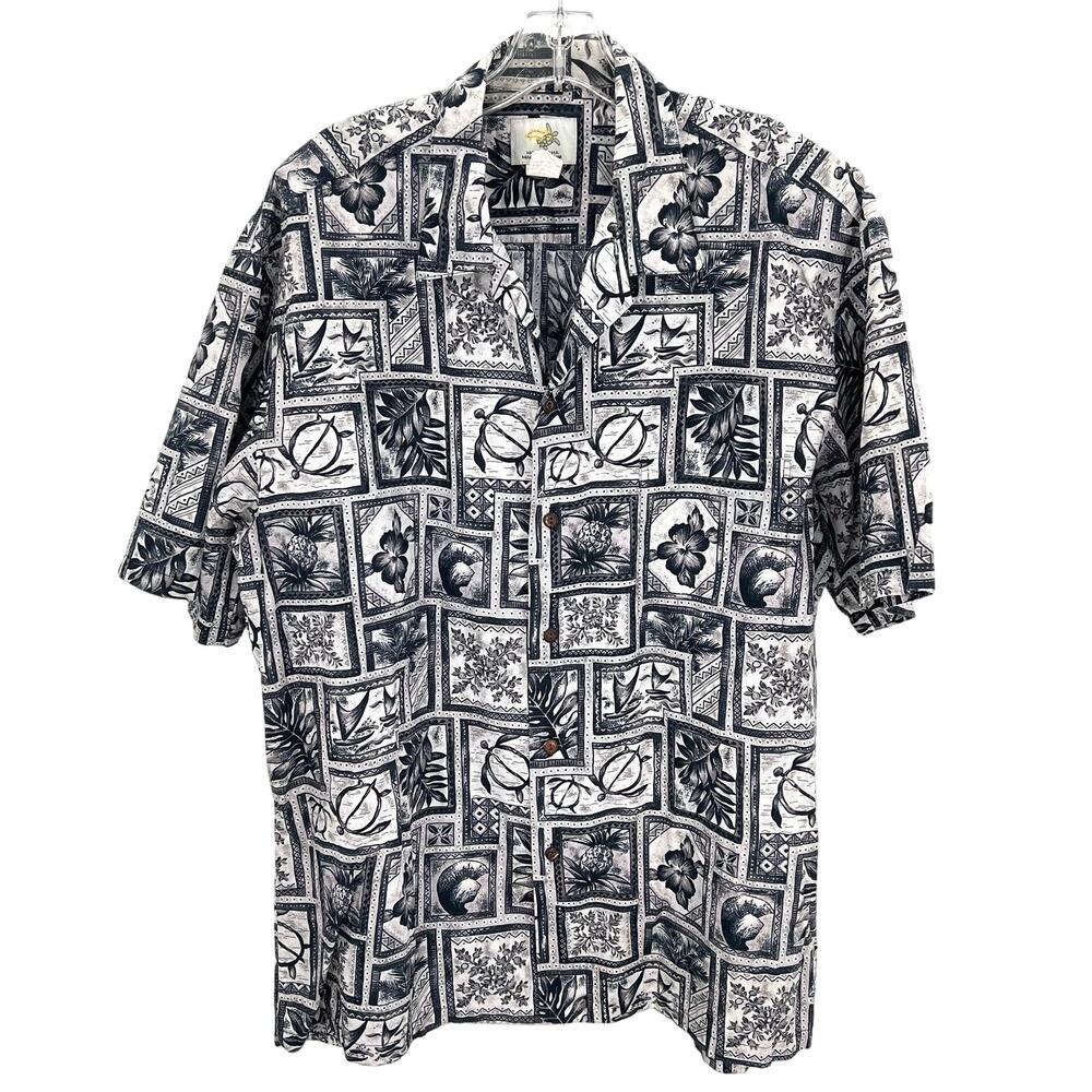 Ho Aloha made in Hawaii men’s button front shirt Hibiscus turtles